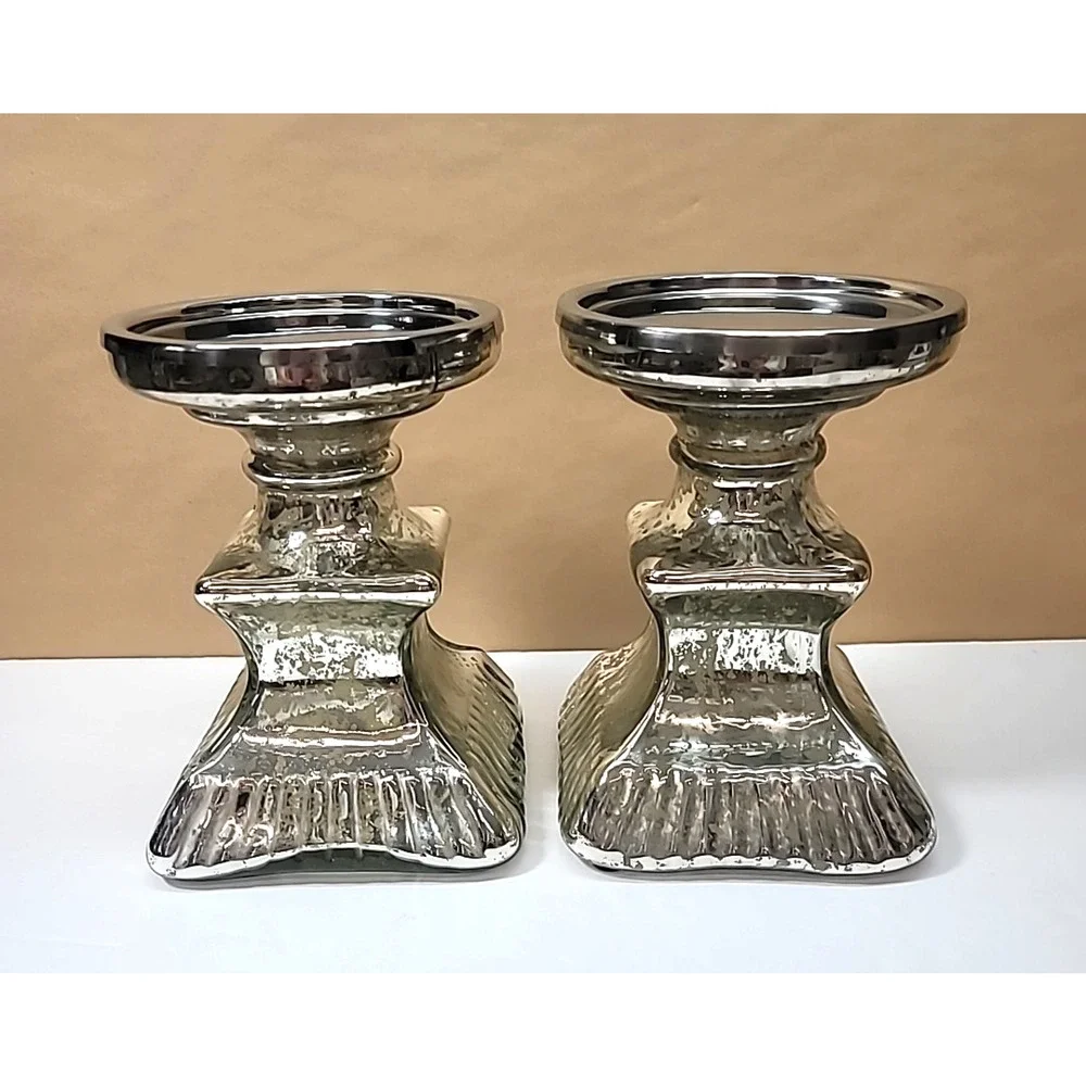 Pair Of Mercury Glass‎ Pillar Candle Holders 7.25” Tall-Square Base